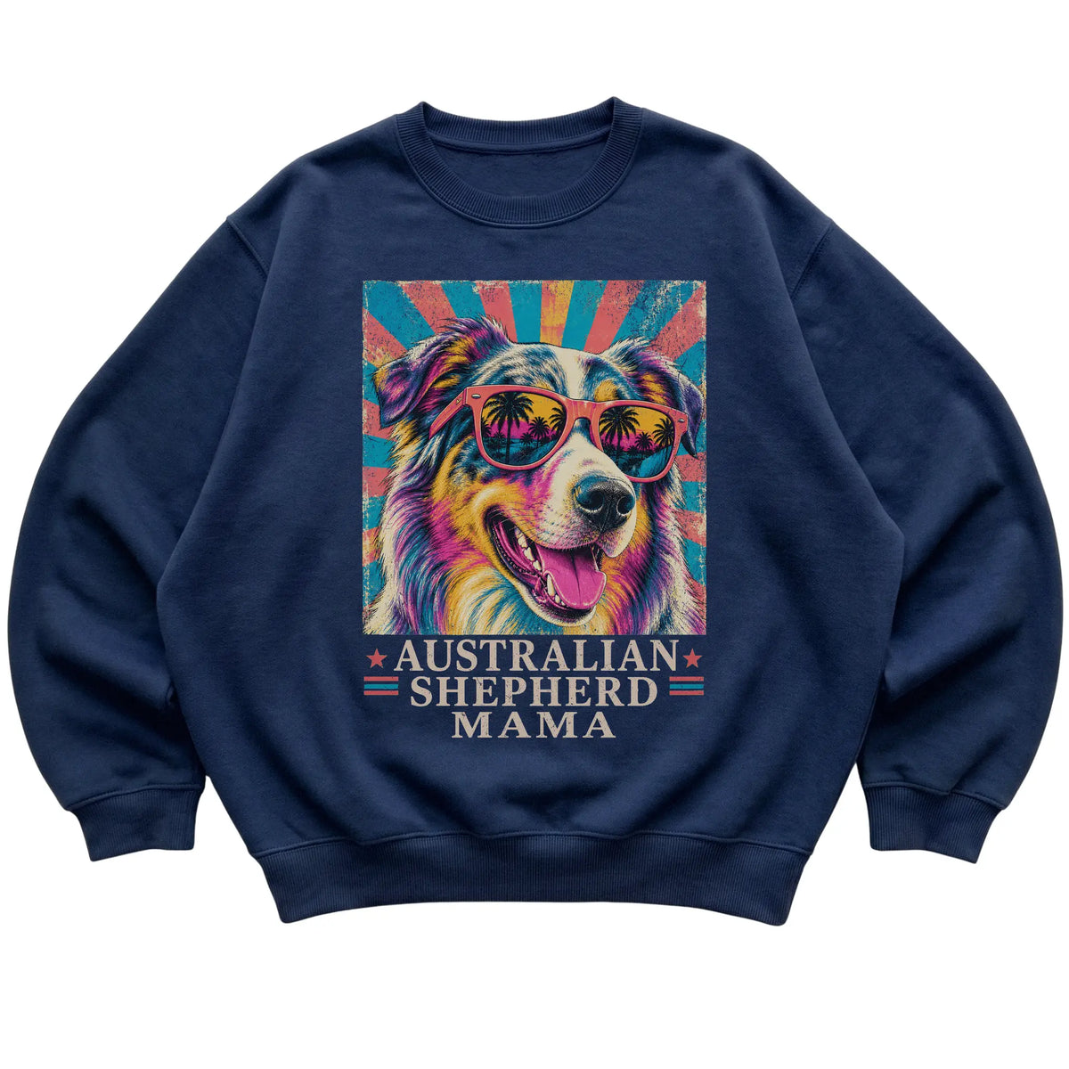 Retro Australian Shepherd Mama design on a Navy crewneck sweatshirt