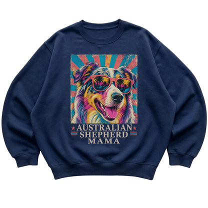 Retro Australian Shepherd Mama design on a Navy crewneck sweatshirt