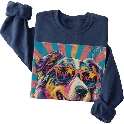 Folded Navy crewneck sweatshirt with a Retro Australian Shepherd Mama design