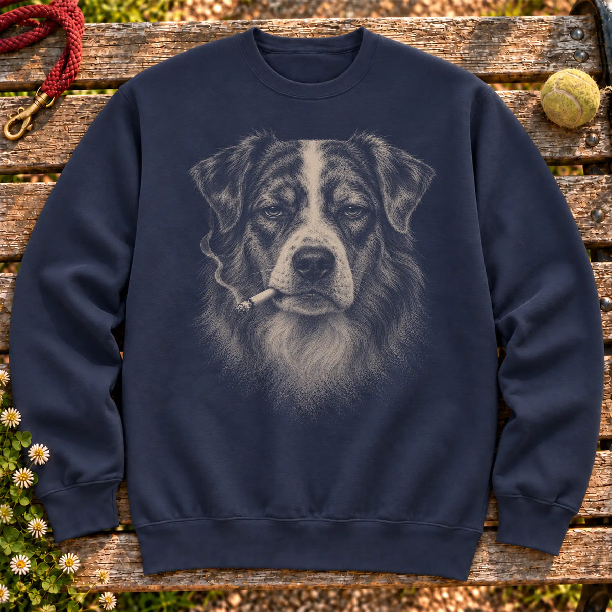 Australian Shepherd smoking design on a Navy sweatshirt