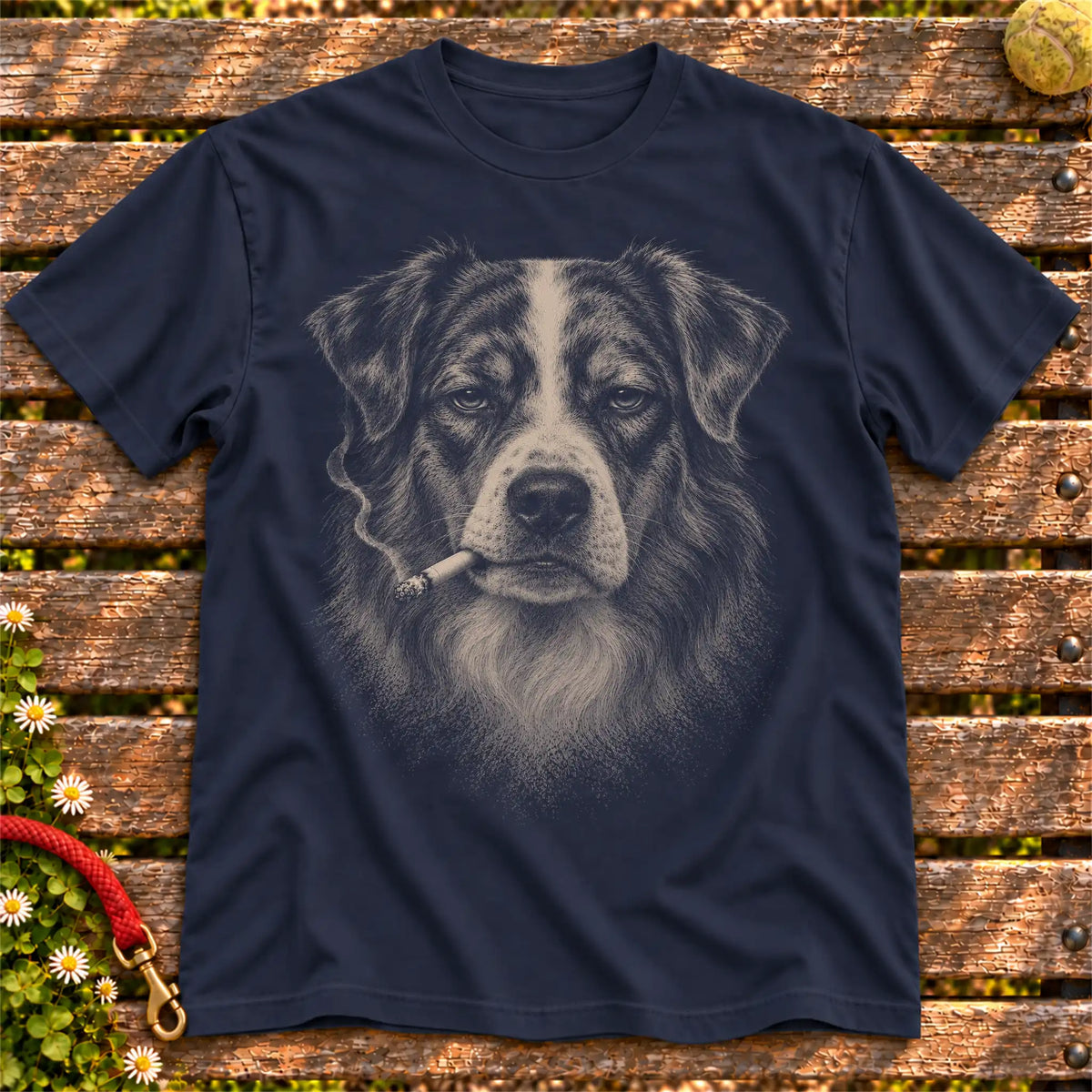 Australian Shepherd smoking design on a Navy t-shirt