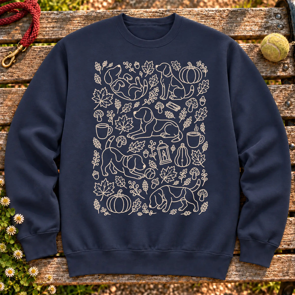 Beagle Autumn on a Navy crewneck sweatshirt, shown flat