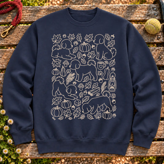 Bichon Frise Autumn on a Navy crewneck sweatshirt, shown flat