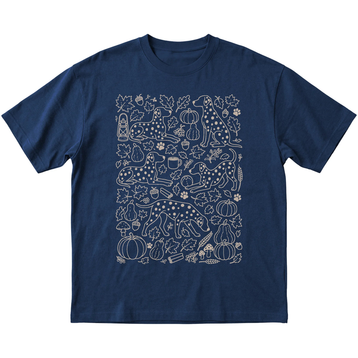 Navy Dalmatian Fall Leaves shirt laid flat
