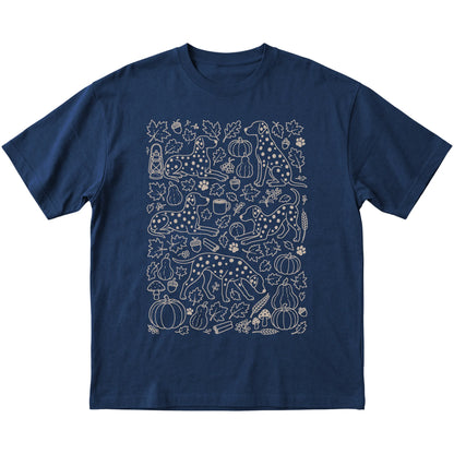 Navy Dalmatian Fall Leaves shirt laid flat
