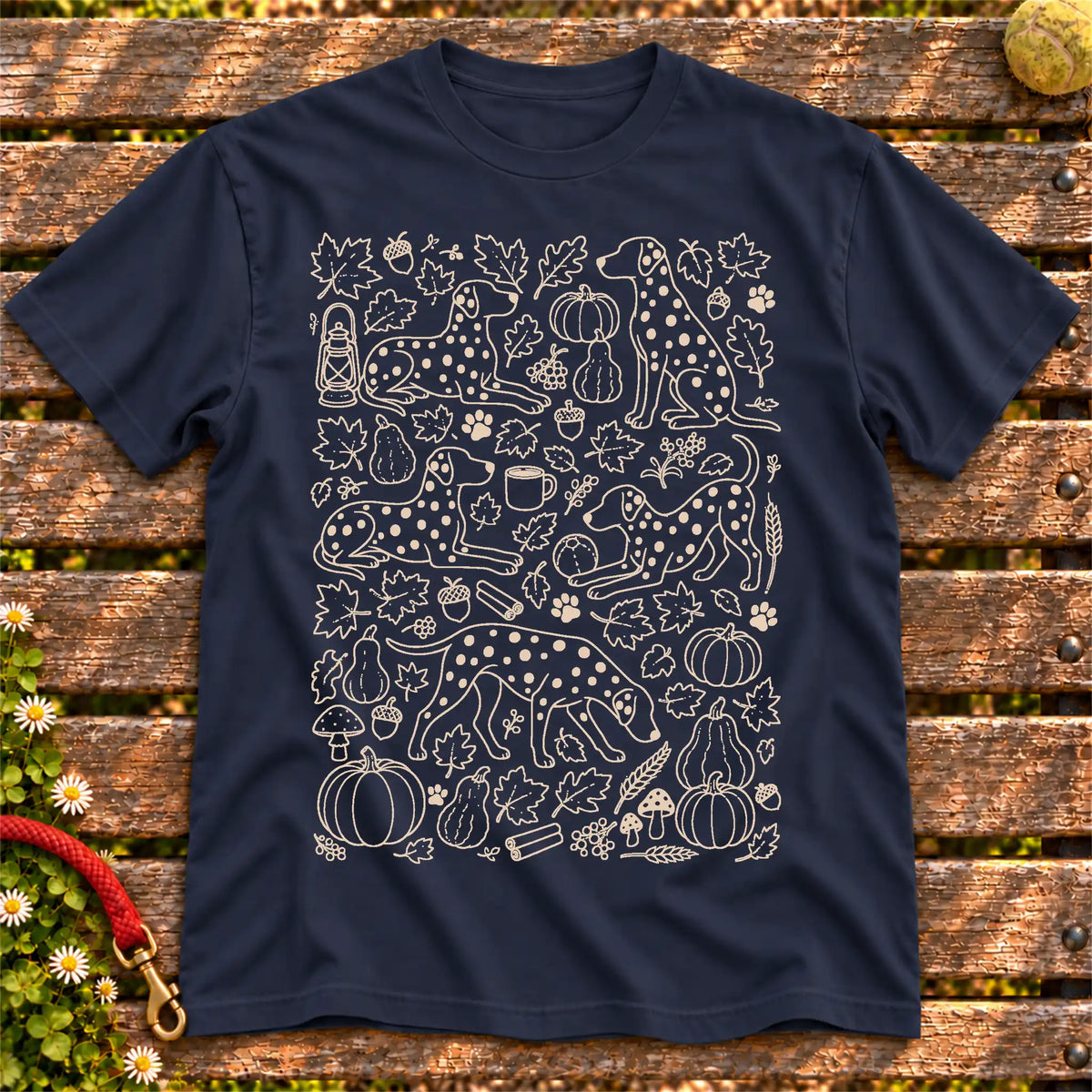 Dalmatian Autumn on a Navy T-shirt, shown flat