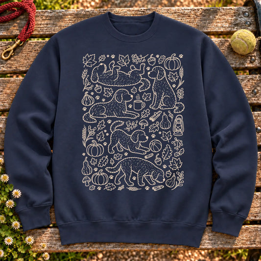 Labradoodle Autumn on a Navy crewneck sweatshirt, shown flat