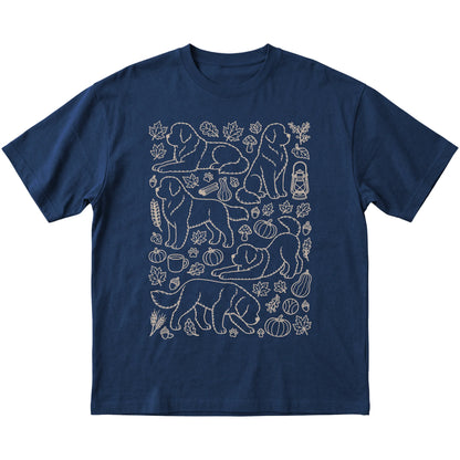 Navy Newfie Fall Leaves shirt laid flat