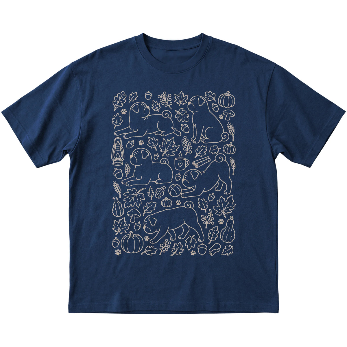 Navy Pug Fall Leaves shirt laid flat