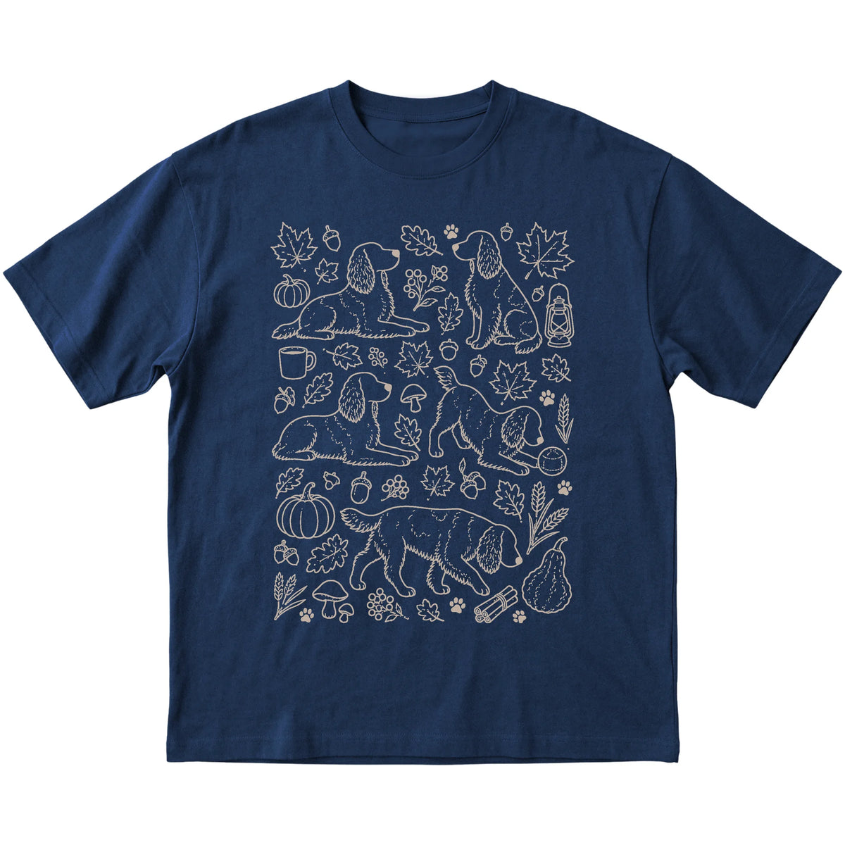 Navy Springer Spaniel Fall Leaves shirt laid flat