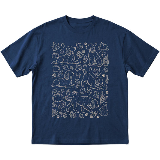 Navy Springer Spaniel Fall Leaves shirt laid flat