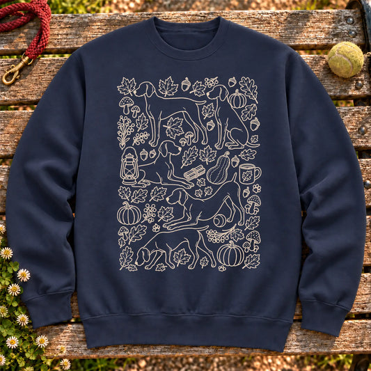 Weimaraner Autumn on a Navy crewneck sweatshirt, shown flat