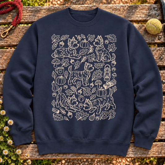 Yorkie Autumn on a Navy crewneck sweatshirt, shown flat