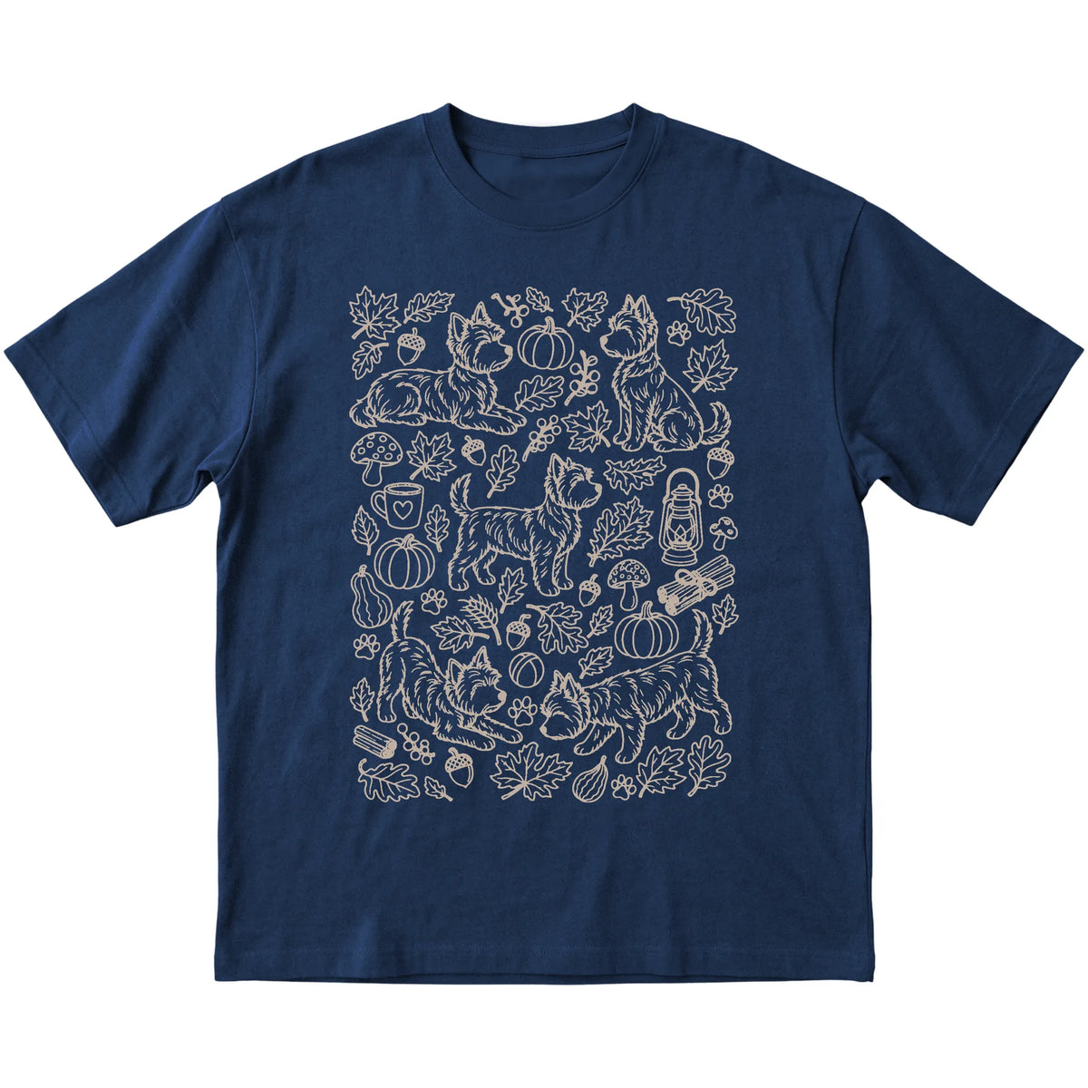 Navy Yorkie Fall Leaves shirt laid flat
