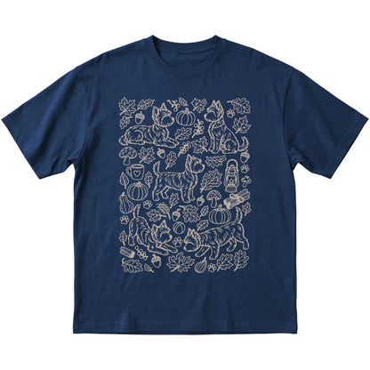 Navy Yorkie Fall Leaves shirt laid flat