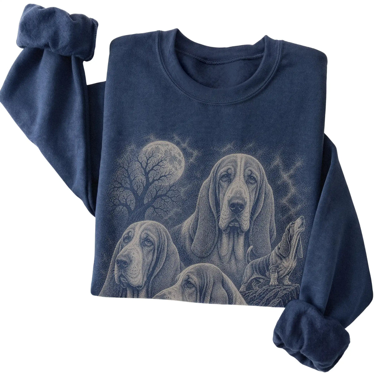 Basset Hound 90s Moon Sweatshirt in Navy — folded detail