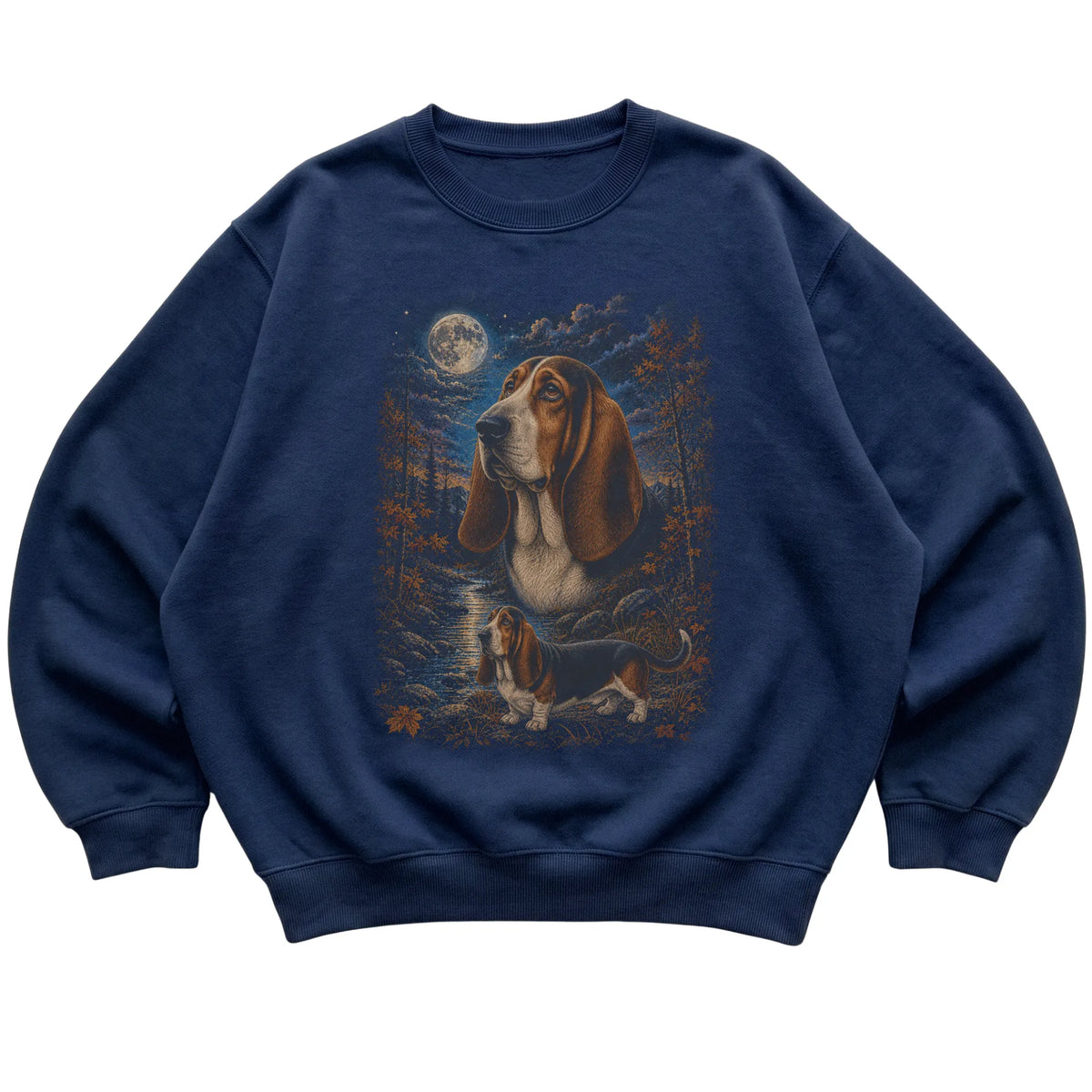 navy sweatshirt with Basset Hound Autumn Moon artwork.