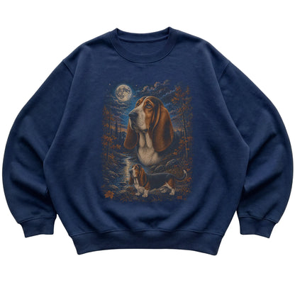 navy sweatshirt with Basset Hound Autumn Moon artwork.