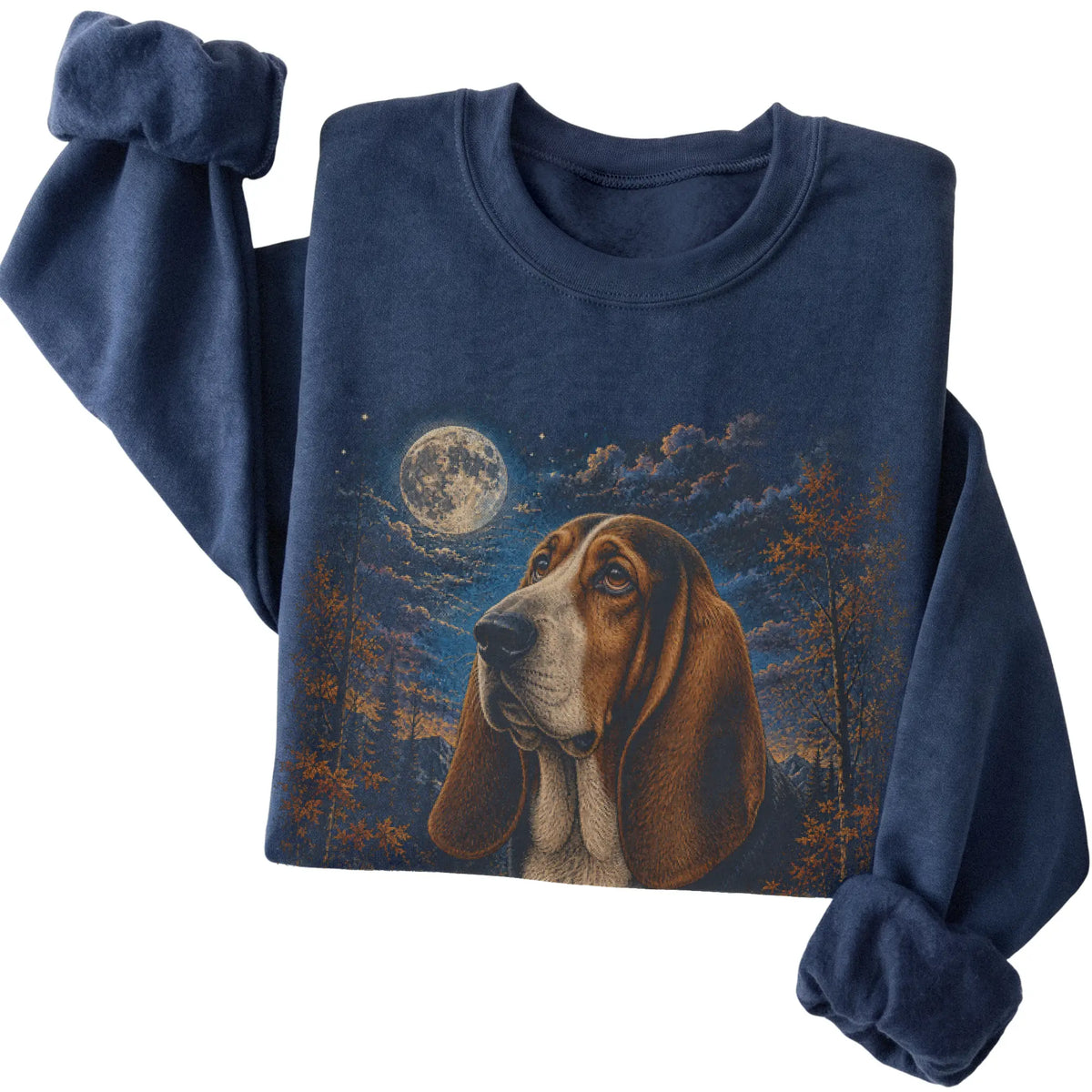 Folded navy sweatshirt with Basset Hound Autumn Moon artwork.