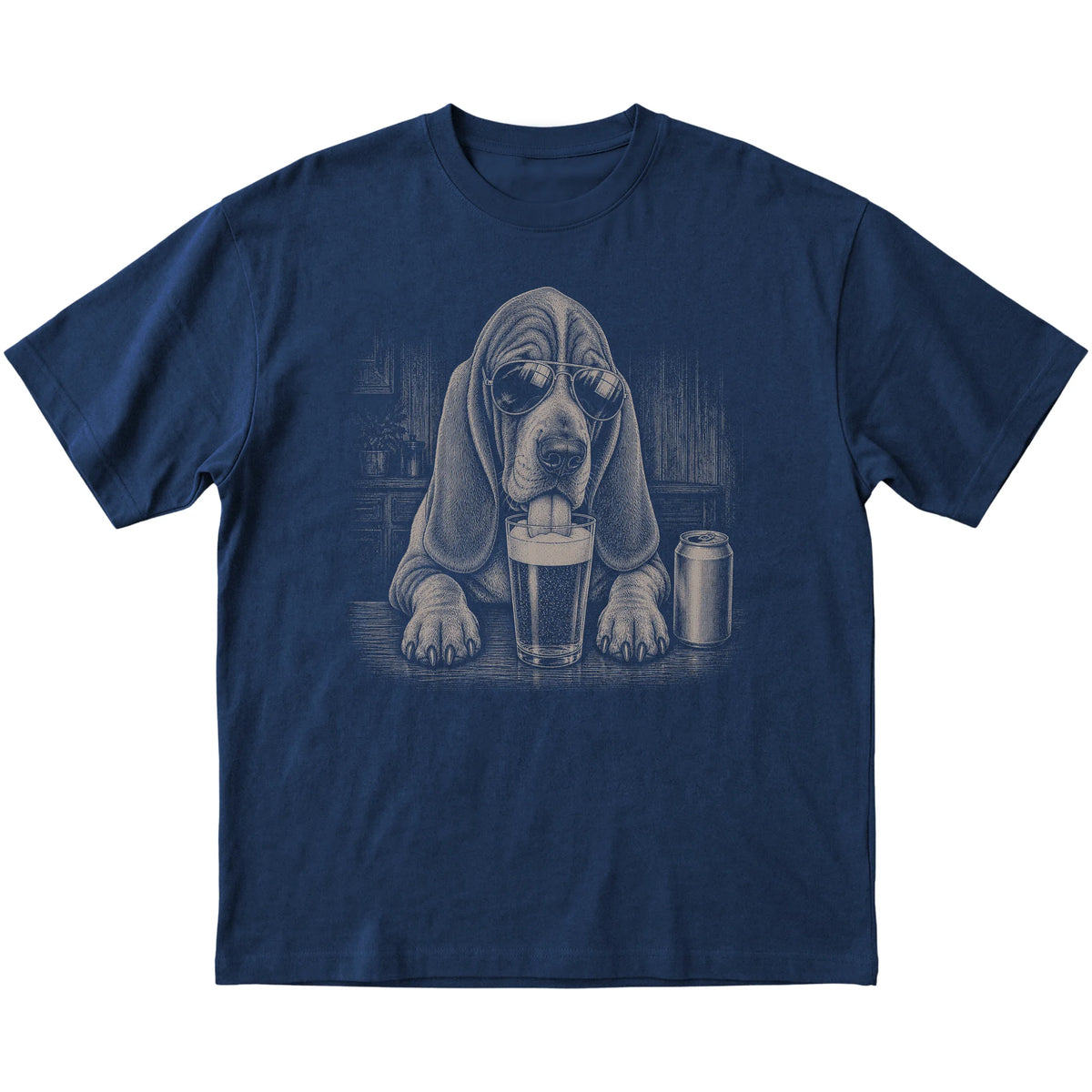 Navy Basset Hound drinking from a pint at a bar, laid flat