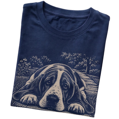 Basset Hound Karma Softstyle T-shirt in Navy — Folded Detail