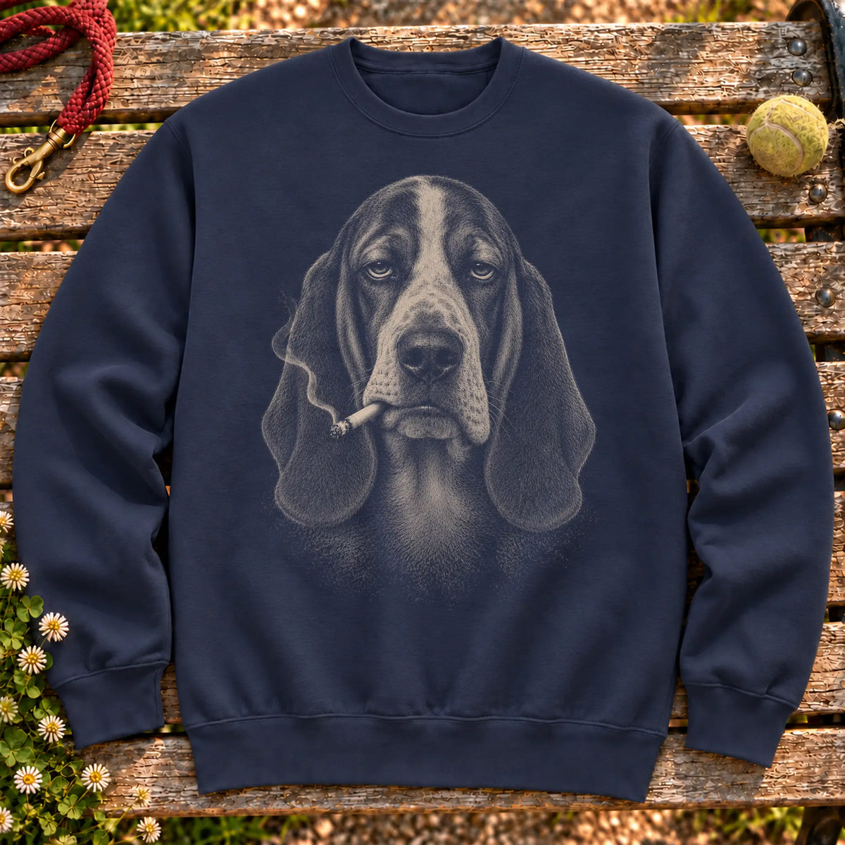 Basset Hound smoking design on a Navy sweatshirt