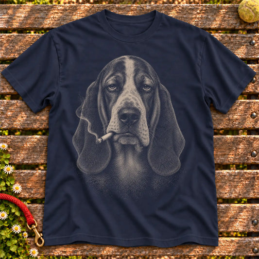 Basset Hound smoking design on a Navy t-shirt
