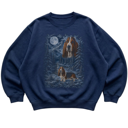 navy sweatshirt with Basset Hound Winter Moon artwork.