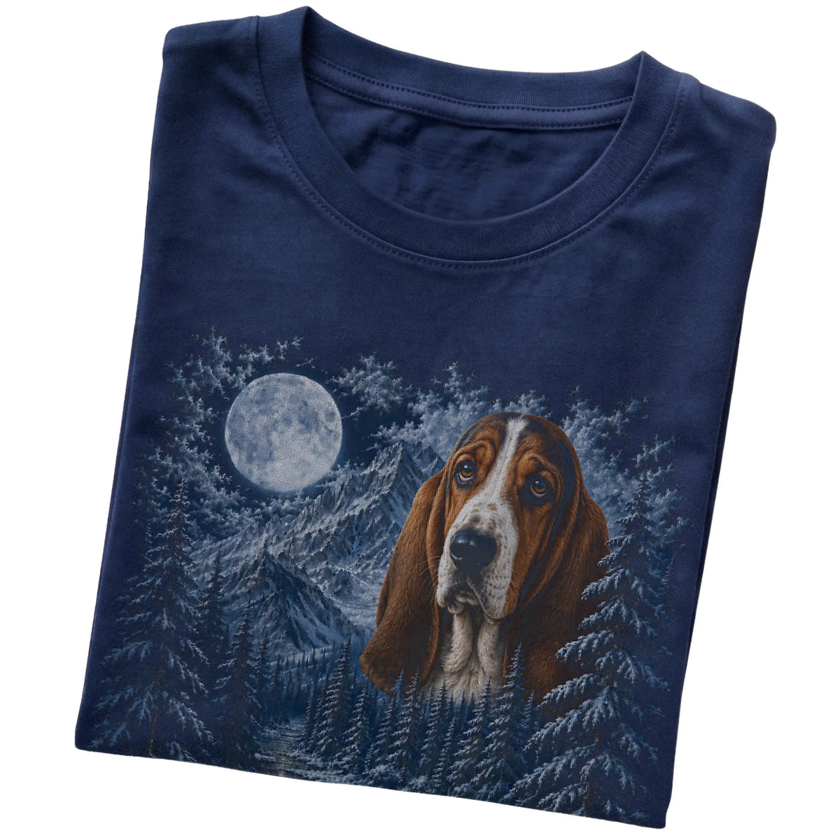 Folded navy T-shirt with Basset Hound Winter Moon artwork.