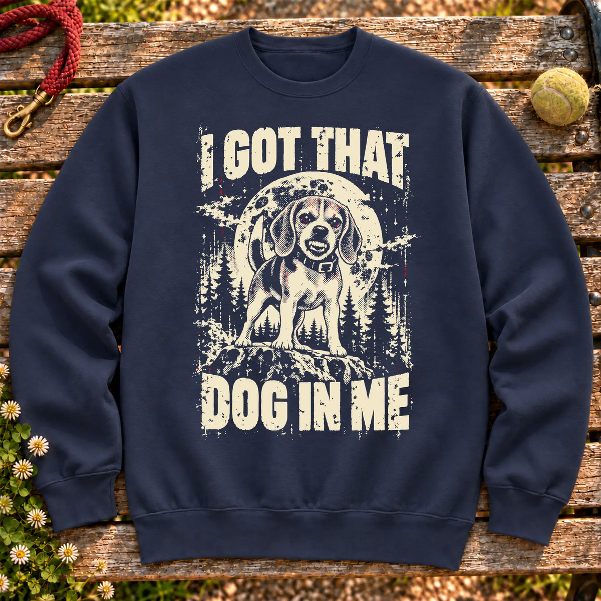 Navy Beagle I Got That Dog in Me sweatshirt, full garment view