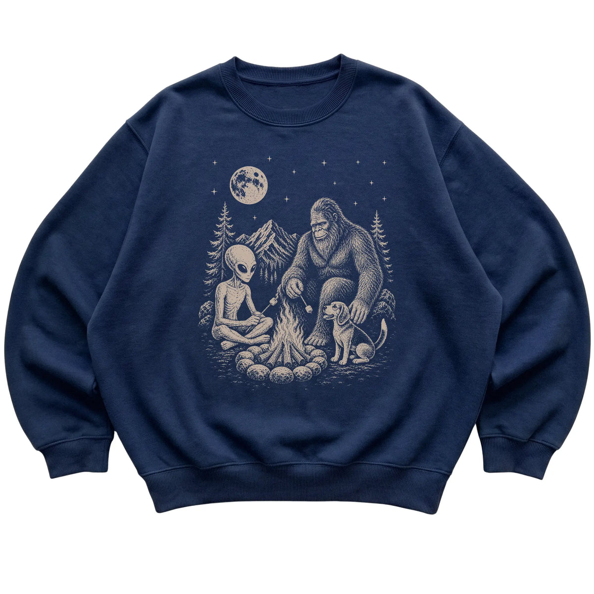 Navy Beagle Camping with Bigfoot and Alien shirt laid flat
