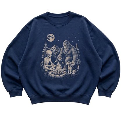 Navy Beagle Camping with Bigfoot and Alien shirt laid flat