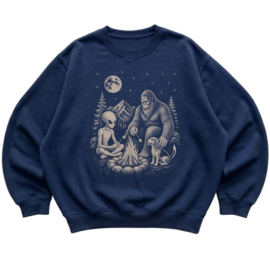 Navy Beagle Camping with Bigfoot and Alien shirt laid flat