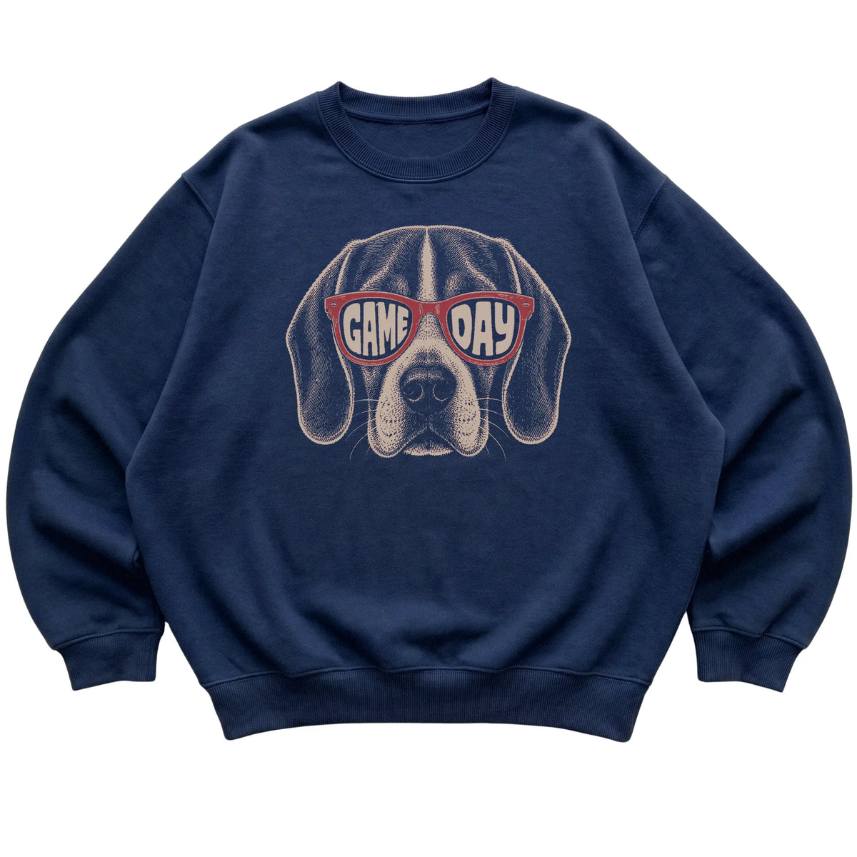 Navy Beagle Game Day Sunglasses sweatshirt, laid flat
