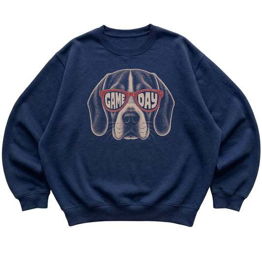 Navy Beagle Game Day Sunglasses sweatshirt, laid flat
