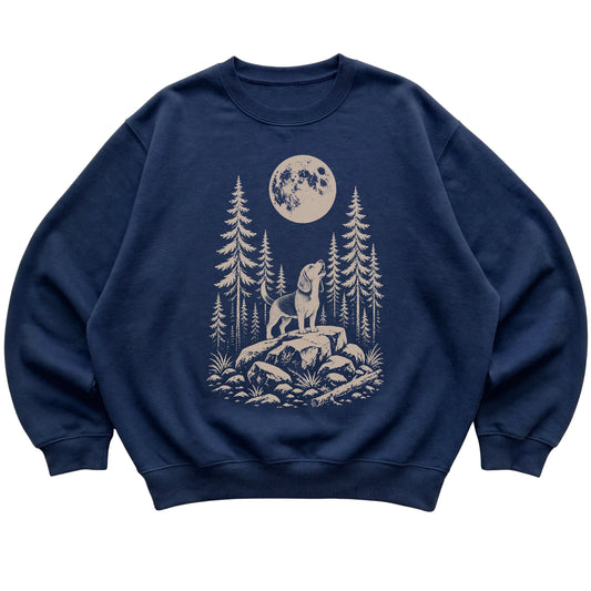 Close view of Beagle Howling at the Moon artwork on Navy crewneck sweatshirt