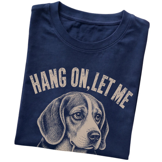 Navy T-shirt featuring Overthinking Beagle, folded presentation