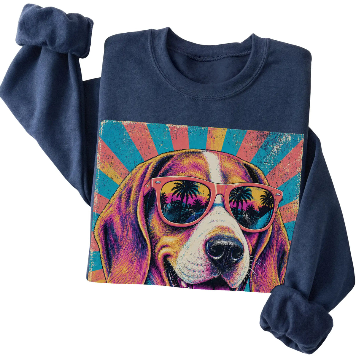 Folded Navy crewneck sweatshirt with a Retro Beagle Mama design