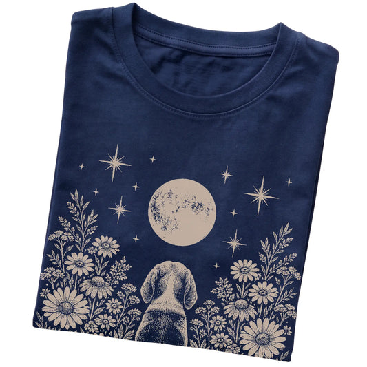 Navy T-shirt featuring Wildflower Moon Beagle, folded presentation