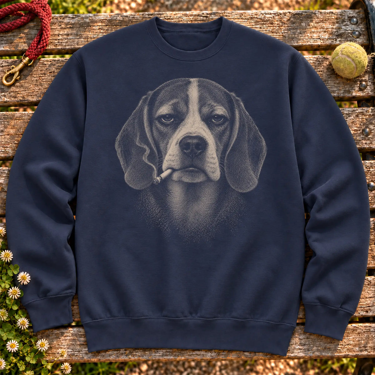 Beagle smoking design on a Navy sweatshirt