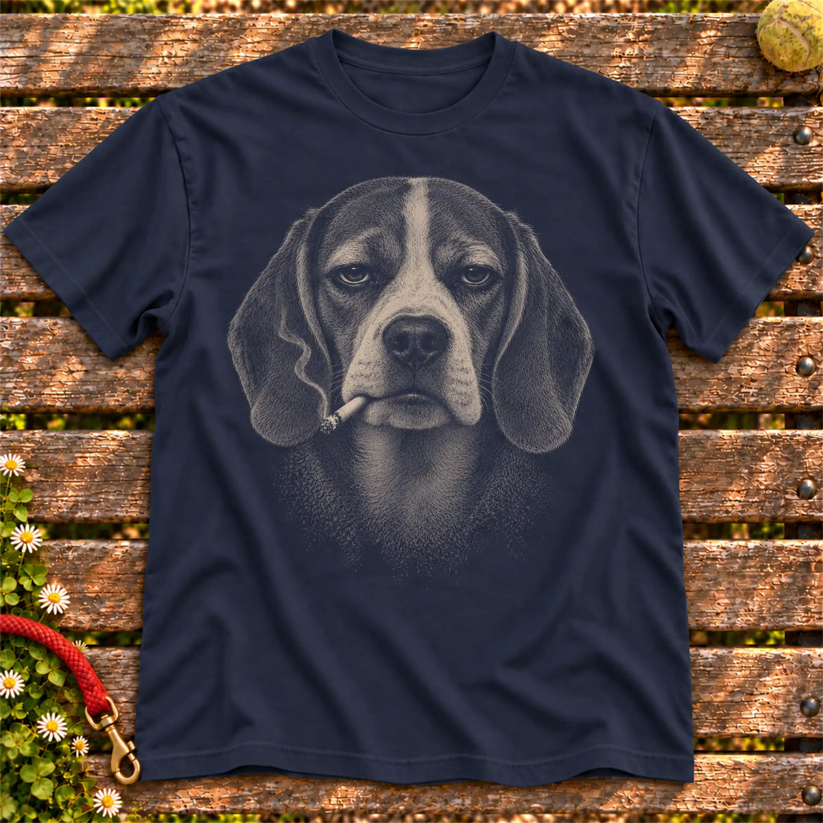 Beagle smoking design on a Navy t-shirt