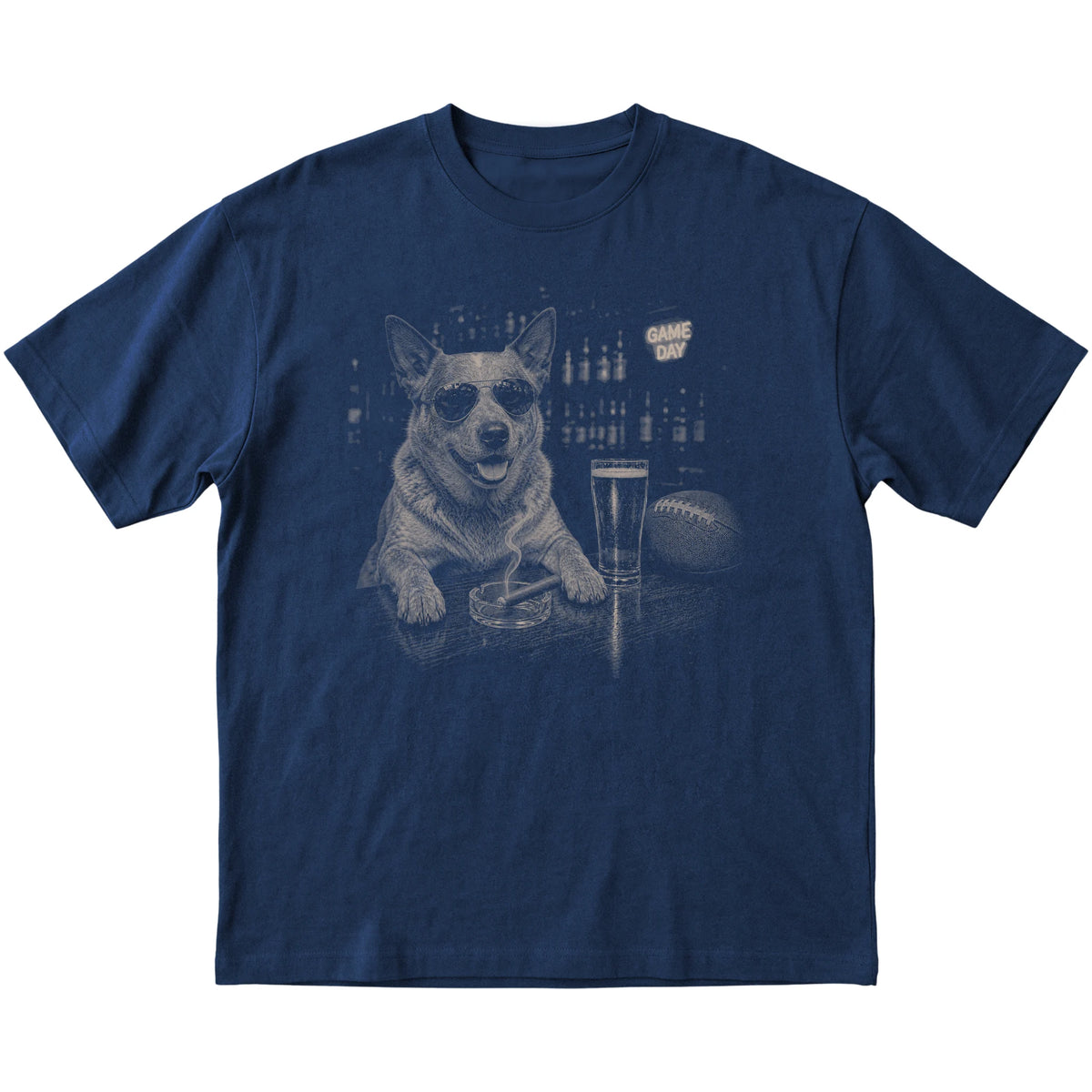 Navy Beer and Football Australian Cattle Dog T-shirt, laid flat