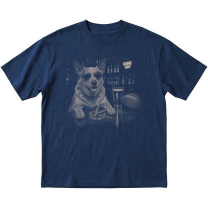 Navy Beer and Football Australian Cattle Dog T-shirt, laid flat