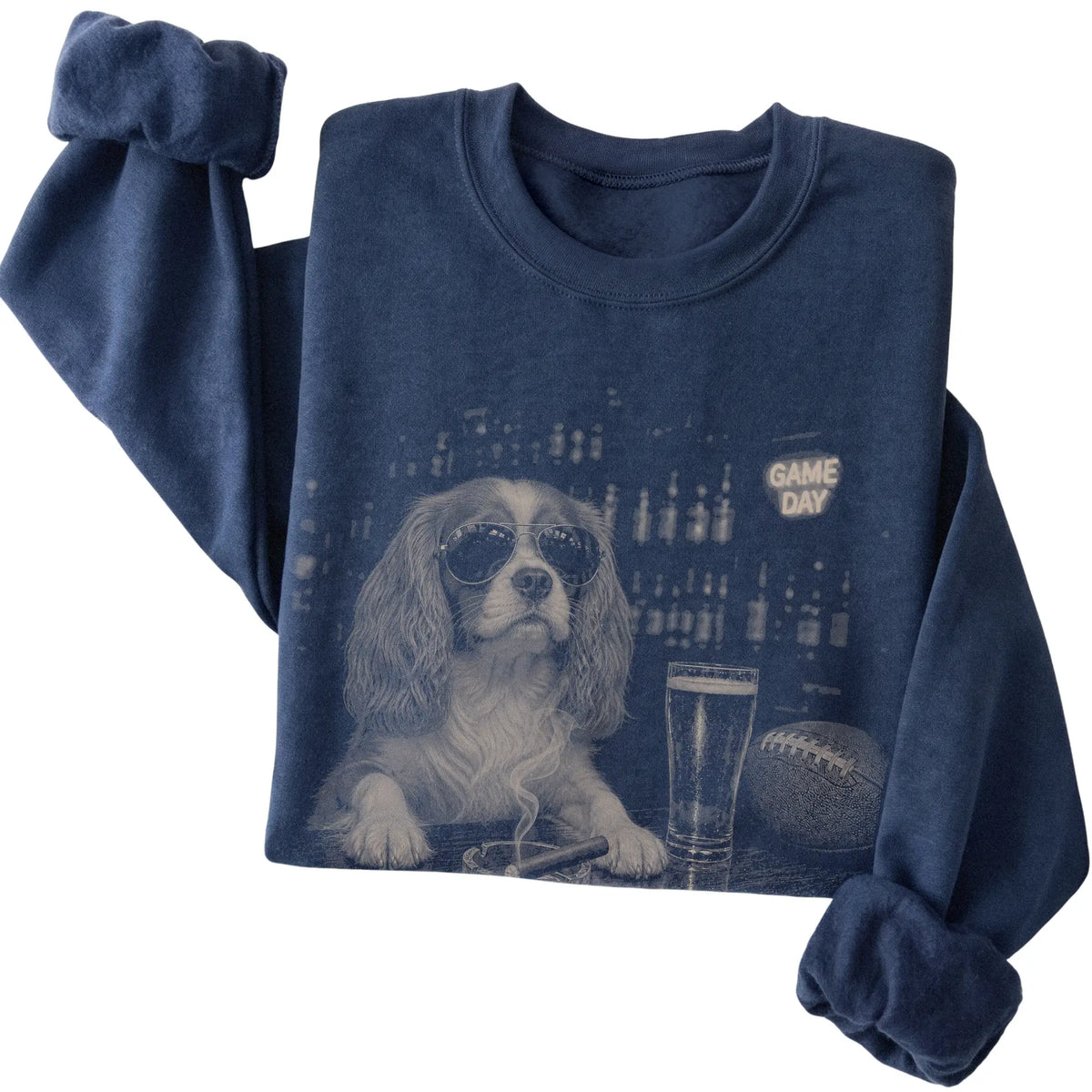 Navy Beer and Football Cavalier King Charles Spaniel sweatshirt, folded