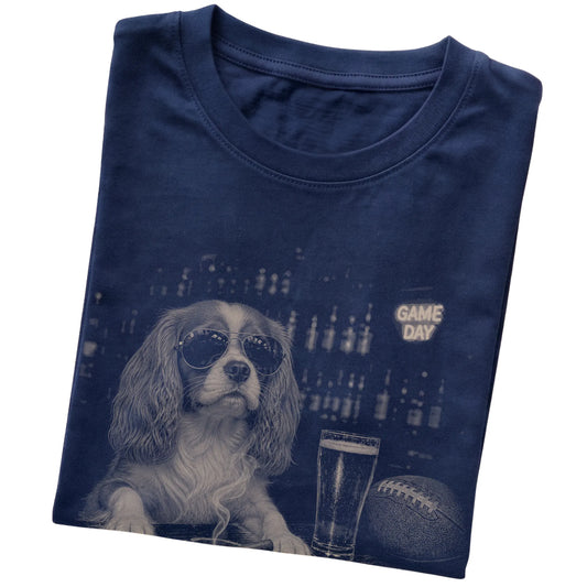 Navy Beer and Football Cavalier King Charles Spaniel T-shirt, folded