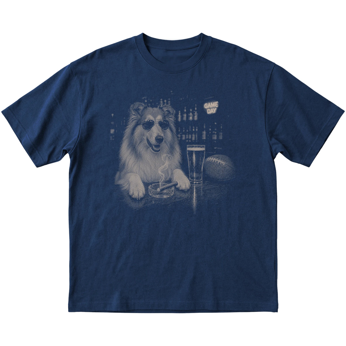 Navy Beer and Football Collie T-shirt, laid flat