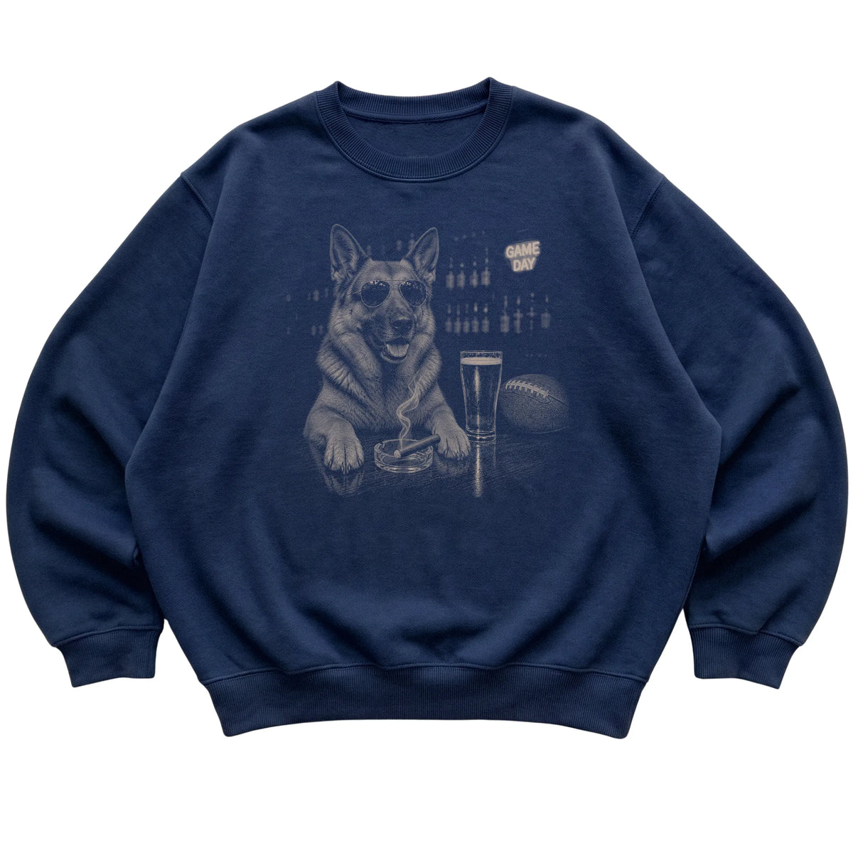 Navy Beer and Football German Shepherd sweatshirt, laid flat