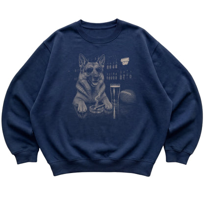 Navy Beer and Football German Shepherd sweatshirt, laid flat