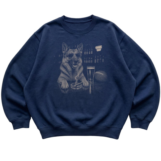 Navy Beer and Football German Shepherd sweatshirt, laid flat