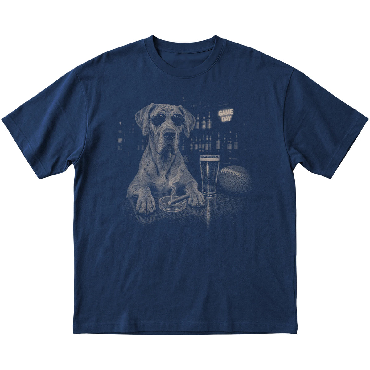 Navy Beer and Football Great Dane T-shirt, laid flat